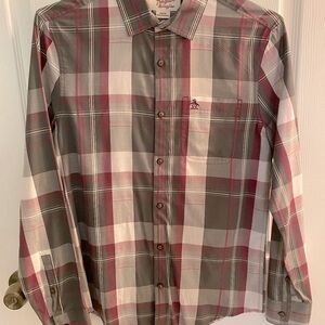 Original Penguin Men’s Button-Down, Size S, Grey/Marron/White Plaid
